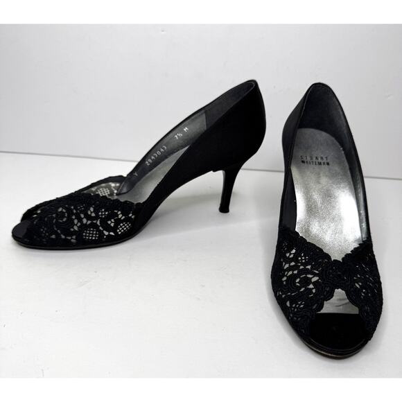 Stuart Weitzman Shoes Womens Size 7.5 Black Lace Crystal Peep Toe Satin Pumps - Picture 4 of 11